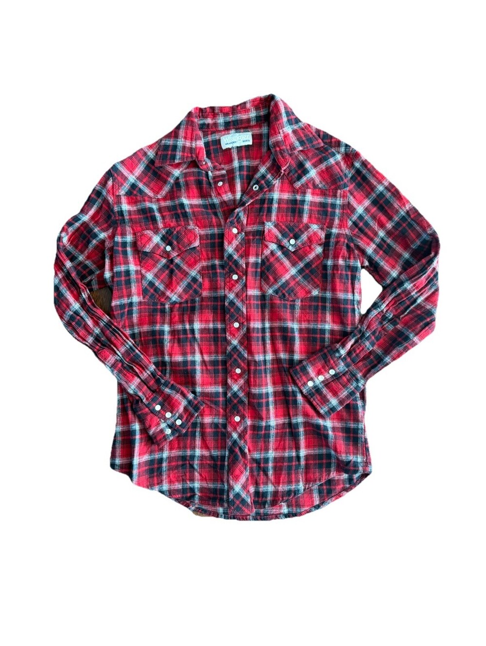 Wrangler Wrancher L Pearl Snap Shirt Plaid Flannel Red Western
